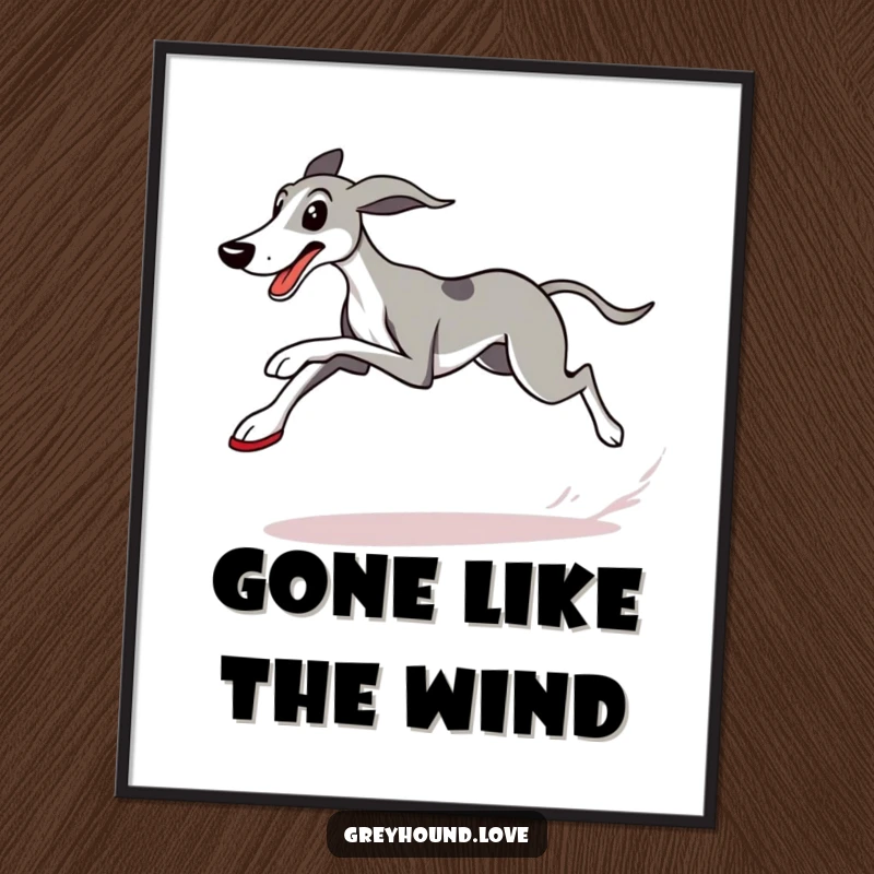 Funny Free Printable Wall Art: determined greyhound sporting running shoes, sprinting past a checkered flag for a dynamic display.
