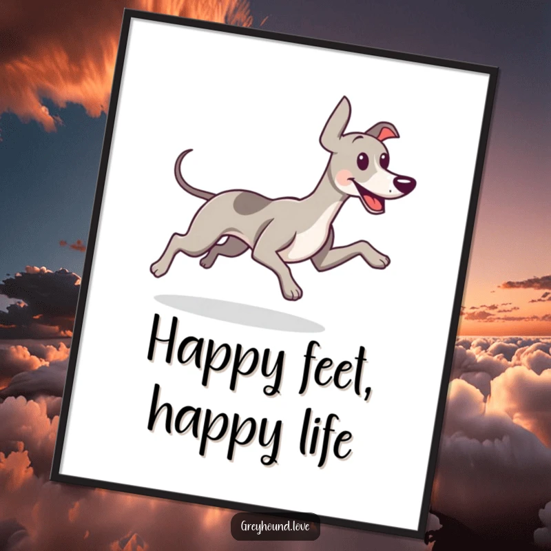Funny Free Printable Wall Art of a greyhound running with its tail wagging joyfully, capturing a moment of pure happiness.