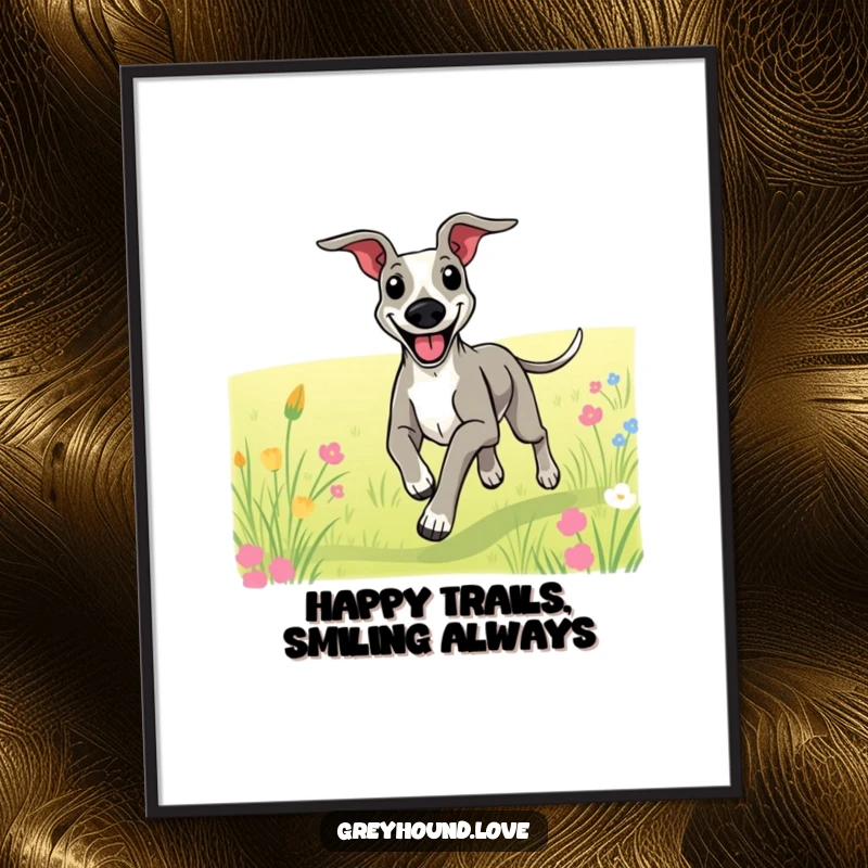 Funny Free Printable Wall Art: A greyhound with a massive smile joyfully running through a lush field.