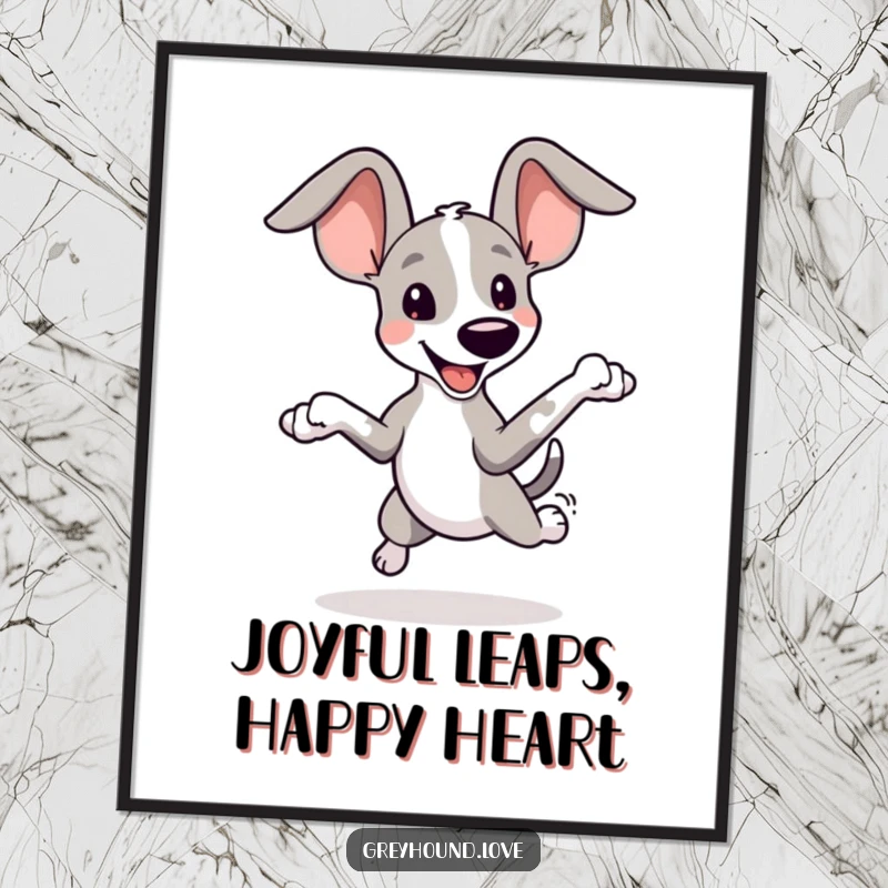Funny Free Printable Wall Art: A playful greyhound character with oversized ears leaps joyfully in the air.