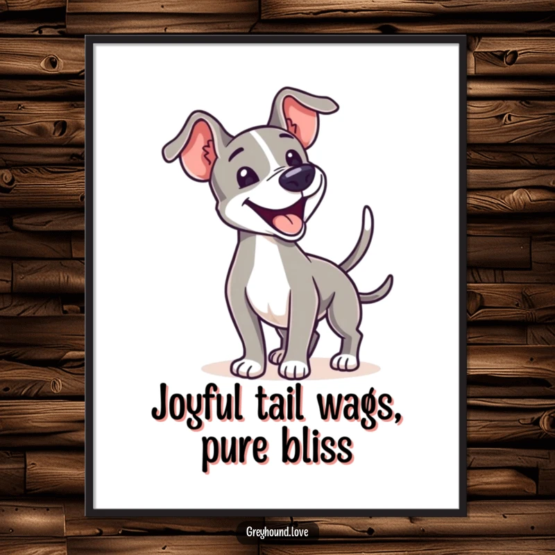 Funny Free Printable Wall Art featuring a joyful greyhound wagging its tail enthusiastically, capturing pure happiness and playful energy.