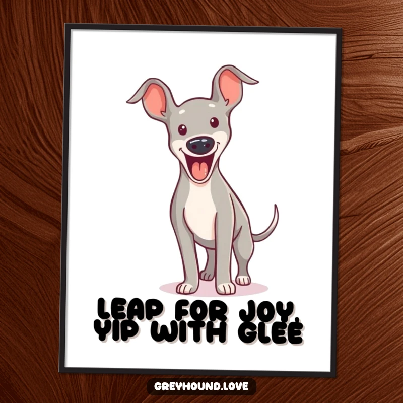 Funny Free Printable Wall Art: Greyhound character captured mid-bound, mouth open in an excited yip.