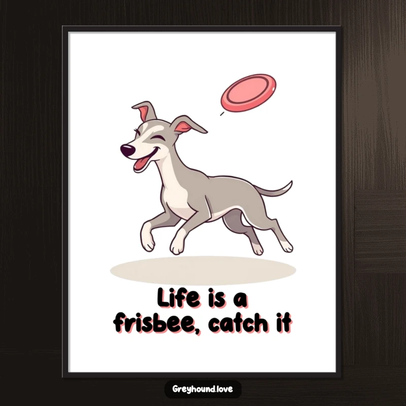 Funny Free Printable Wall Art: Greyhound with a playful wink, leaping to catch a frisbee mid-flight.