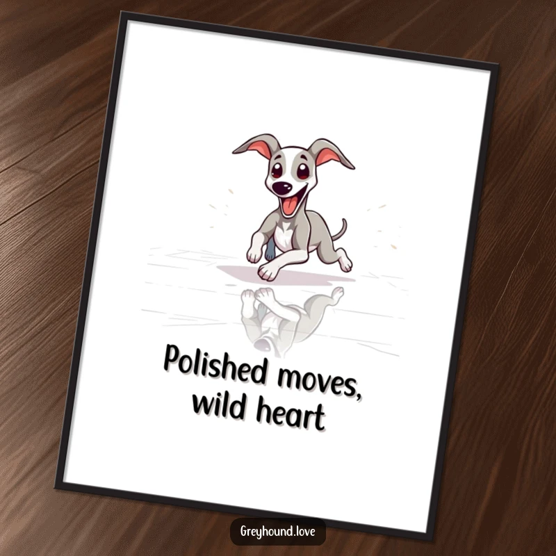 Funny Free Printable Wall Art: Slender greyhound playfully sliding across a polished floor with tongue out.