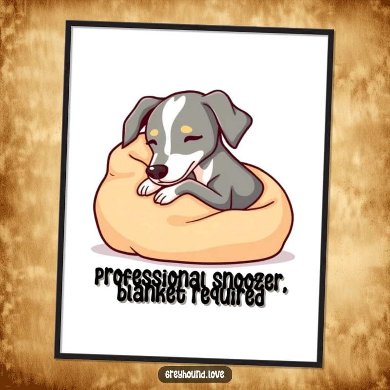 Funny Free Printable Wall Art: A contented greyhound is peacefully sleeping, deeply snuggled in a soft blanket.
