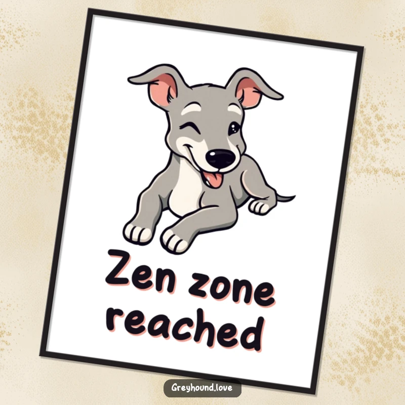 Funny Free Printable Wall Art: A stylized greyhound stretching languidly with a deeply contented and peaceful smile.