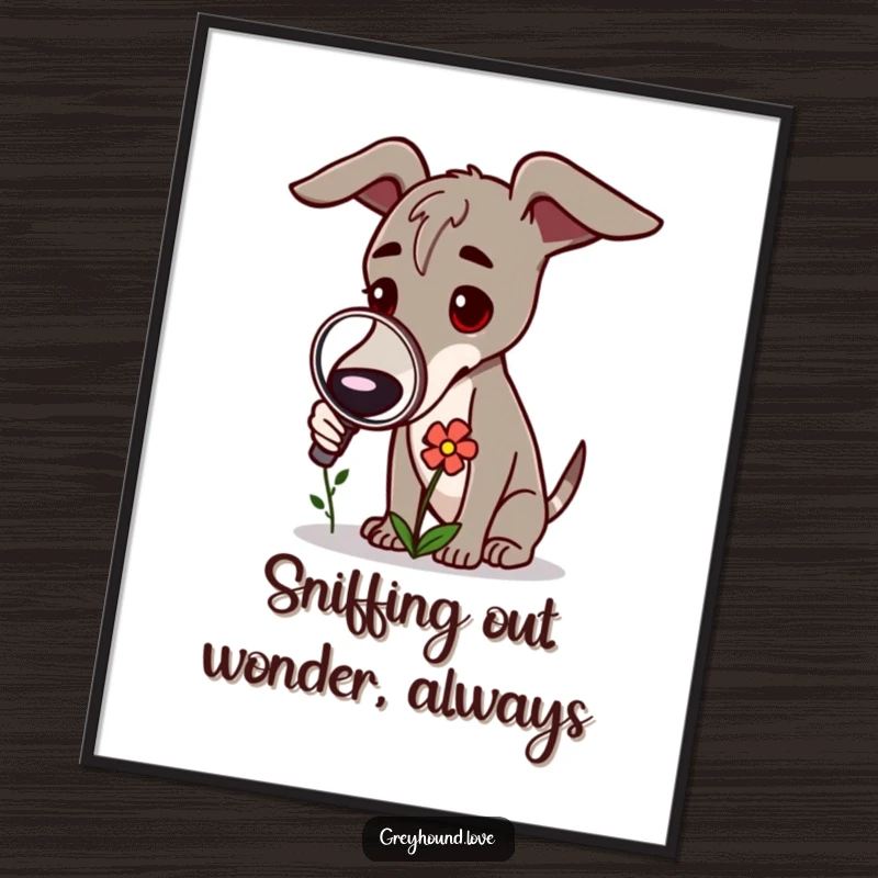 Funny Free Printable Wall Art: A curious greyhound peering through a magnifying glass at a small, delicate flower, engrossed in discovery.