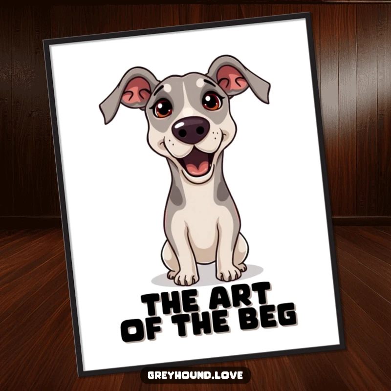 Funny Free Printable Wall Art: A greyhound with its head tilted, big pleading eyes, looking utterly adorable and irresistibly charming.