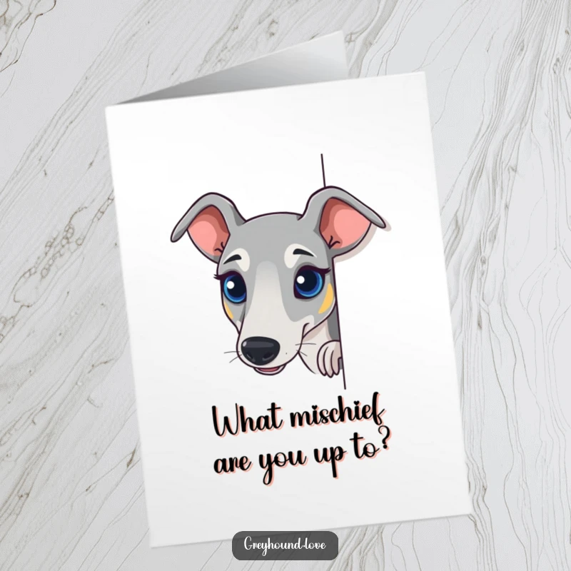 Funny Free Printable Birthday Card: Greyhound peeking around a corner with wide, curious eyes and a playful expression.