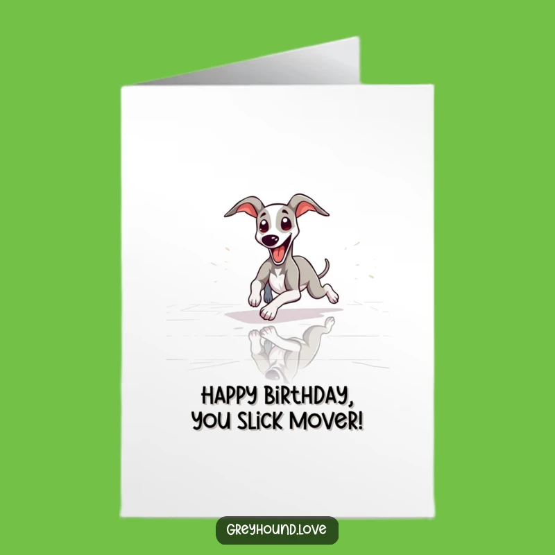 Free Printable Birthday Card: Funny Greyhound Slide - Playful Downloadable Gift