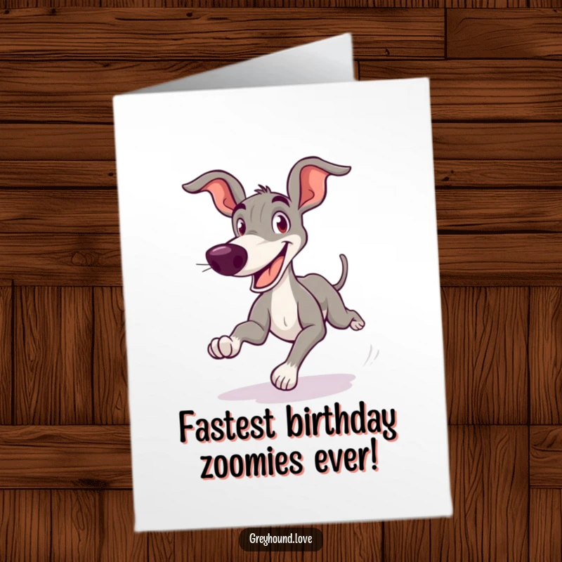 Funny Free Printable Birthday Card featuring a cartoon greyhound zooming with a goofy grin, celebrating their special day.