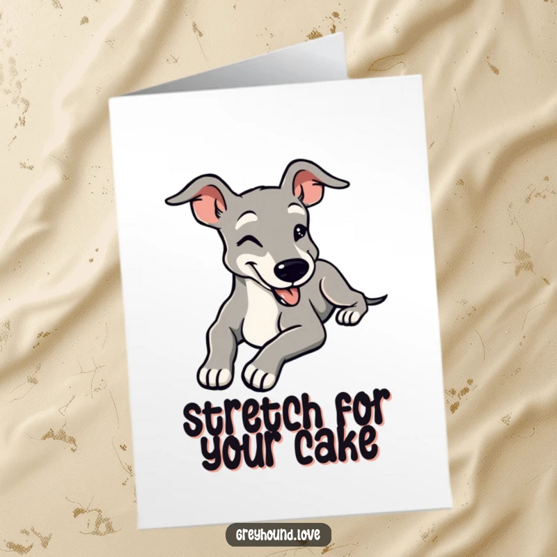 Funny Free Printable Birthday Card: A stylized greyhound stretching languidly with a happy, contented smile.