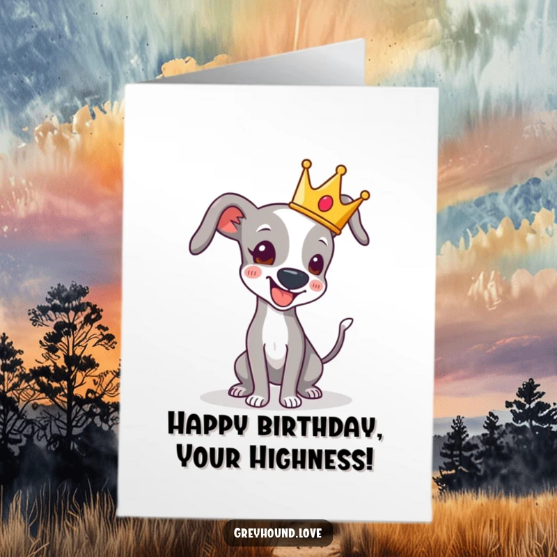 Funny Free Printable Birthday Card: A greyhound in a tiny crown wags its tail, celebrating a birthday regally.