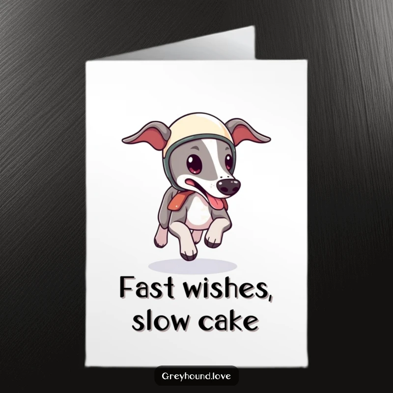 Funny Free Printable Birthday Card: Cute greyhound zooms with tiny helmet and lolling tongue, ready to party.