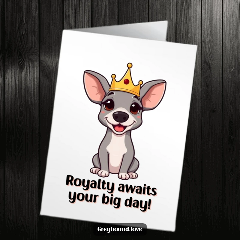 Funny Free Printable Greyhound Birthday Card with a tiny crown, looking regal and amused, ready for a royal celebration.
