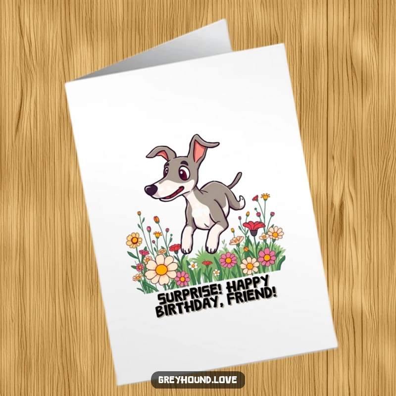 Funny Free Printable Birthday Card: A surprised greyhound tumbles through flowers, bringing unexpected birthday joy.