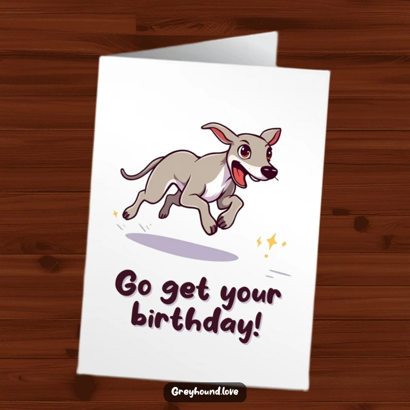 Funny Free Printable Birthday Card: A determined greyhound sprints with focus towards a far-off goal.