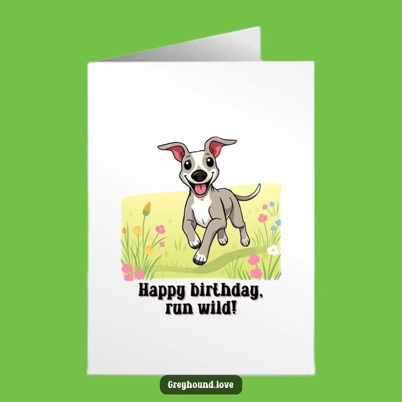 Free Printable Happy Greyhound Birthday Card: Smiling Dog Running Art for Instant Download