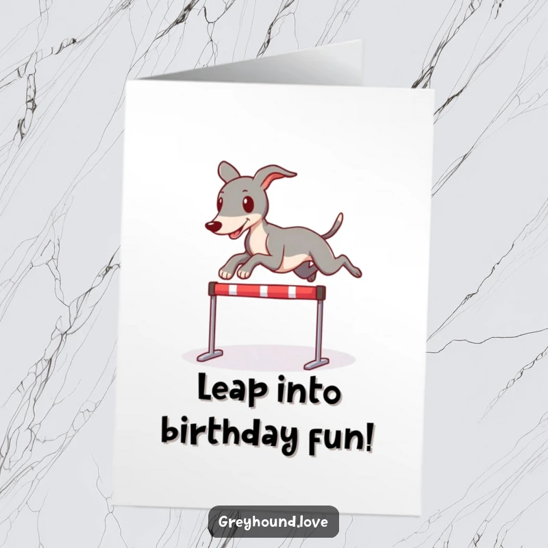 Funny Free Printable Birthday Card: A sleek greyhound character leaps joyfully over a tiny hurdle with grace.