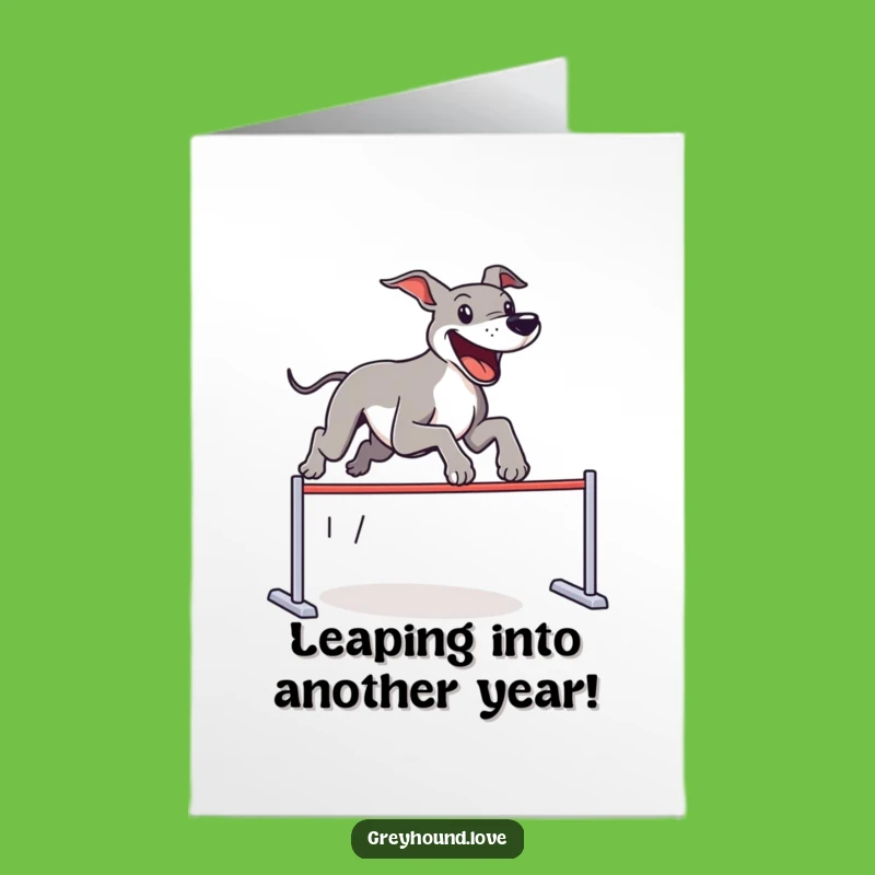 Free Printable Birthday Card: Funny Greyhound Leaping Joyfully, Perfect DIY Downloadable Gift!