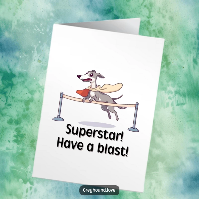Funny Free Printable Birthday Card: A greyhound in a cape triumphantly crosses a finish line, waving a paw in victory.