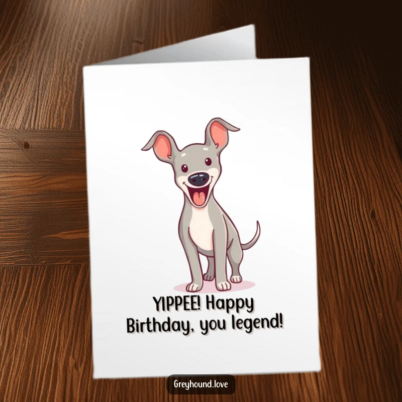 Funny Free Printable Birthday Card: Excited greyhound character mid-air with an open mouth yip.