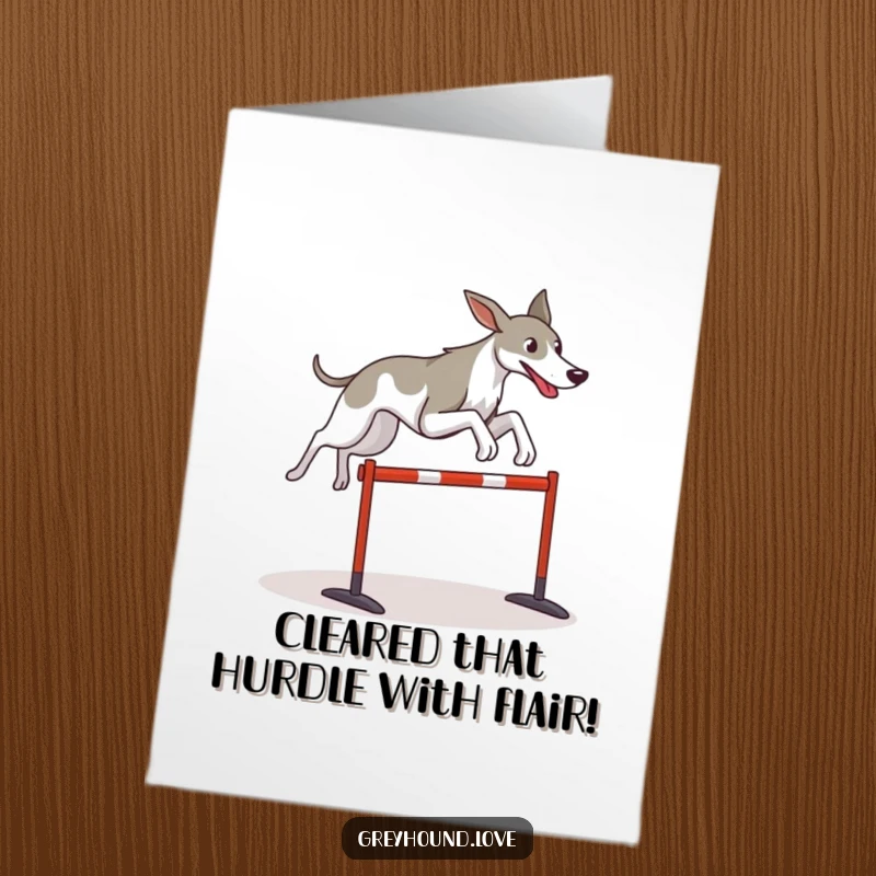Funny Free Printable Congrats Card: Stylized greyhound in mid-leap, effortlessly clearing a small hurdle with determination.