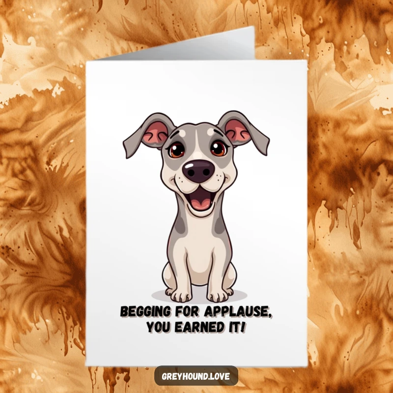 Funny Free Printable Congratulations Card: A greyhound tilting its head, eyes wide with hopeful pleading, celebrating your success.