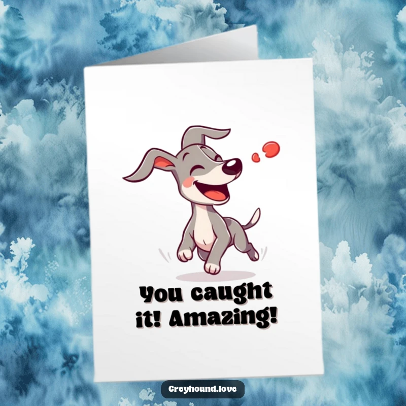 Funny Free Printable Congrats Card: Joyful greyhound with ears flying, intensely chasing a red dot.