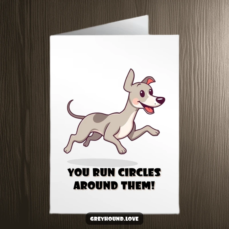 Funny Free Printable Congratulations Card depicting a greyhound running with its tail wagging, symbolizing a happy achievement.