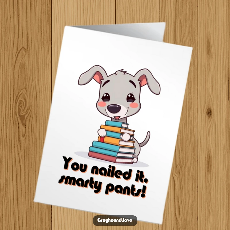 Funny Free Printable Congratulations Card: Greyhound balancing books on nose, celebrating success