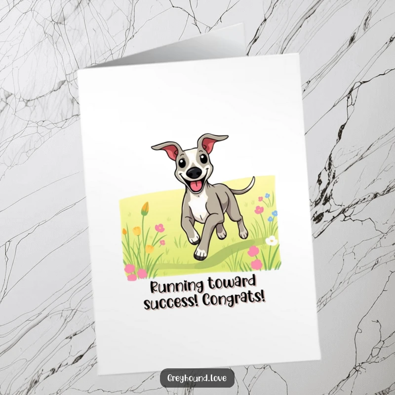 Funny Free Printable Congratulations Card: A greyhound with a huge smile exuberantly running through a sunlit field.