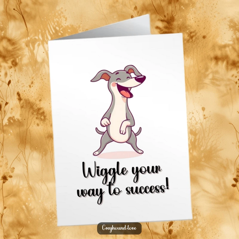 Funny Free Printable Congratulations Card: A greyhound enthusiastically wiggling its body, tail a blur, celebrating a wonderful achievement.