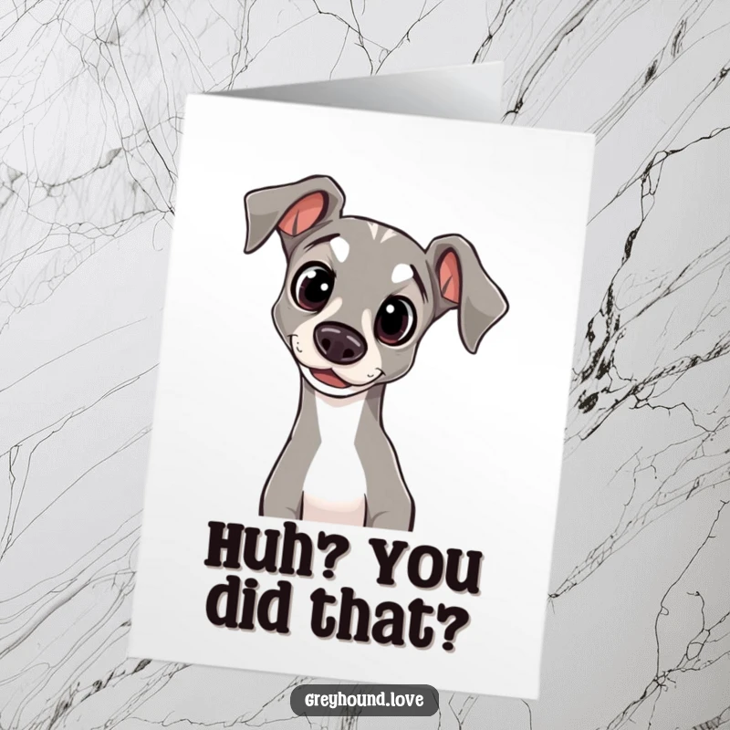 Funny Free Printable Congratulations Card: A greyhound with innocent eyes curiously tilts its head, wondering about your success.