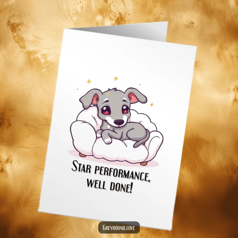 Funny Free Printable Congratulations Card: A greyhound with starry eyes lounges happily on a cloud sofa, celebrating success.