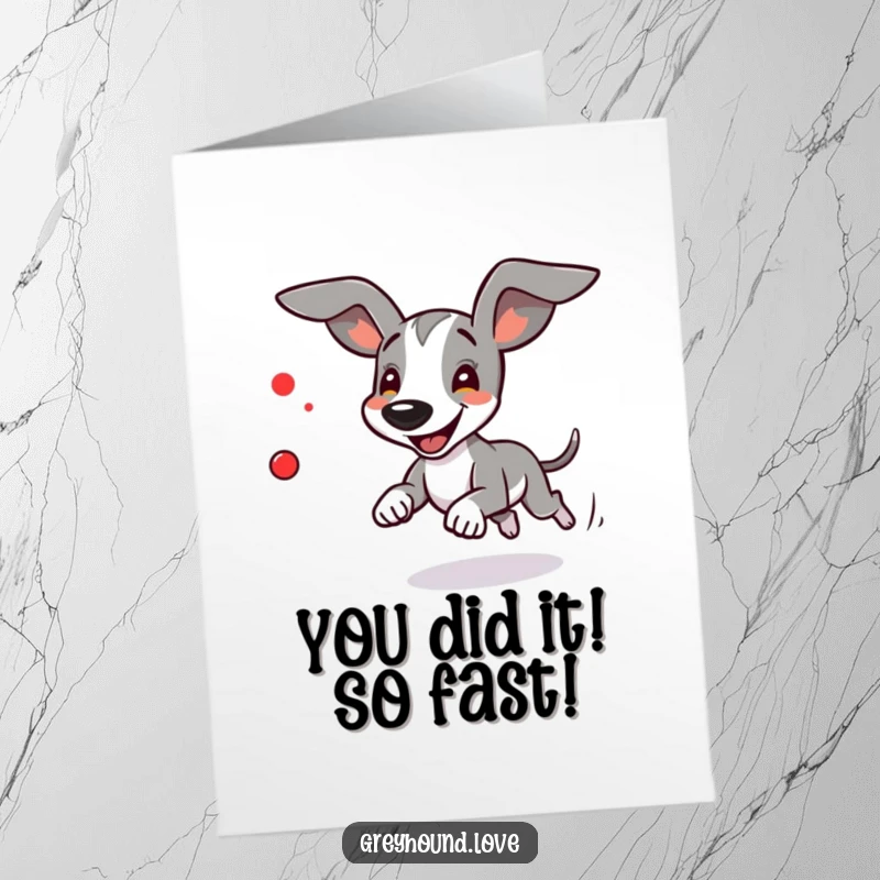 Free Printable Congratulations Card: Energetic greyhound mid-leap, ears flying, chasing a red dot with ecstatic focus.
