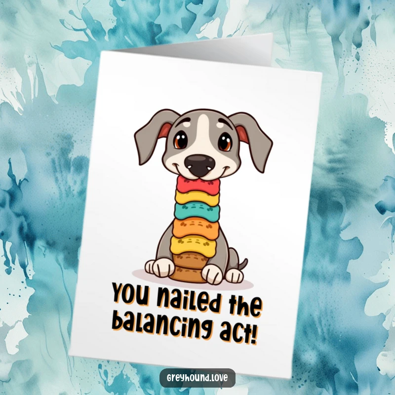 Skillful free printable congratulations card featuring a greyhound balancing a stack of colorful dog biscuits.