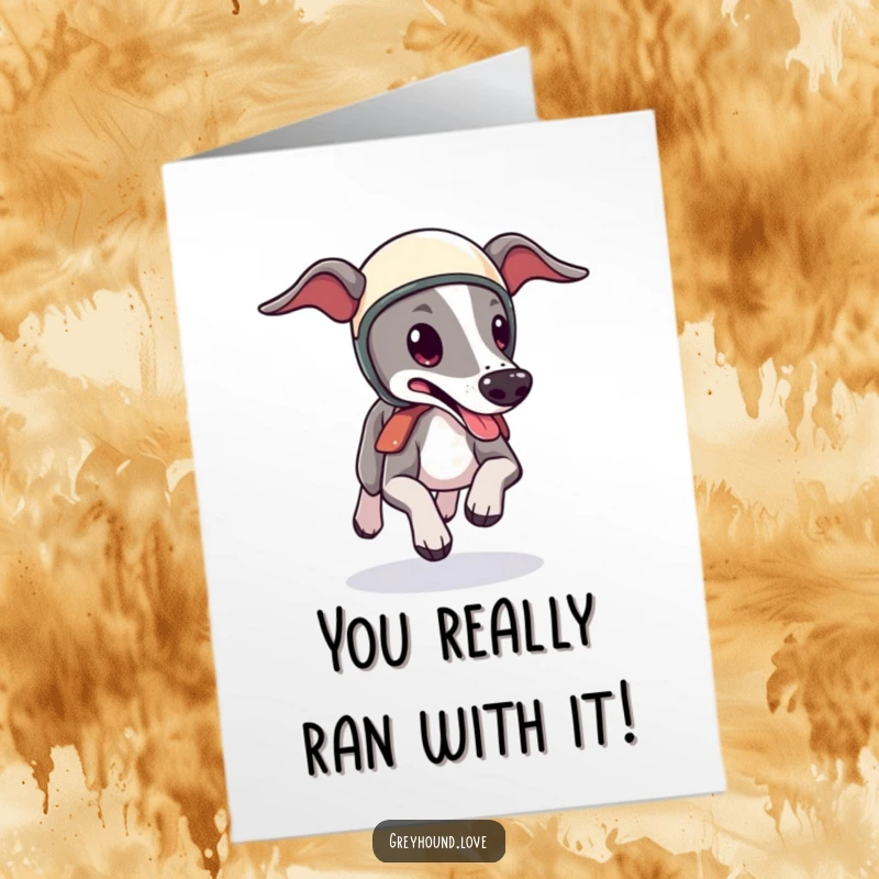 Funny Free Printable Congratulations Card: Sleek greyhound in a helmet zooms forward, tongue out, celebrating success.