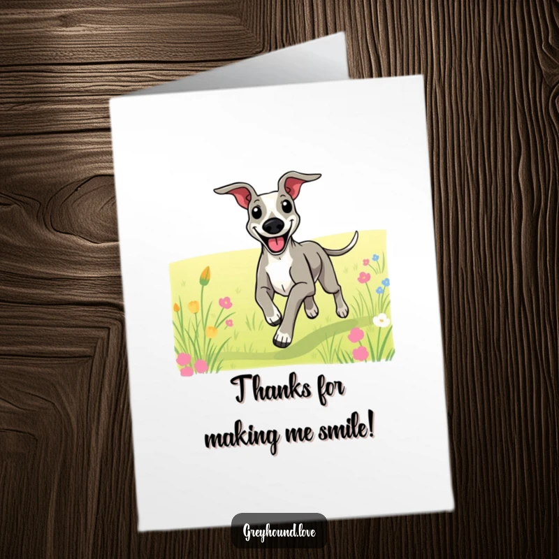 Funny Free Printable Thank You Card: A greyhound with a big smile running joyfully, conveying thanks.