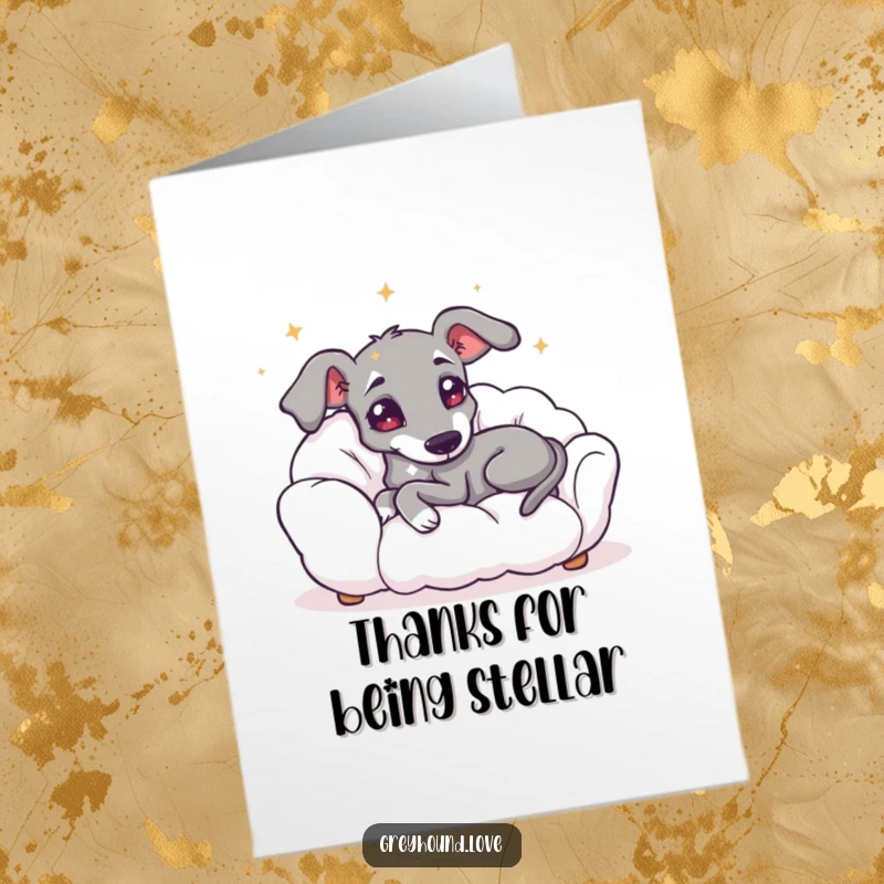Funny Free Printable Thank You Card: A greyhound with starry eyes lounges on a cloud sofa, conveying thanks dreamily.