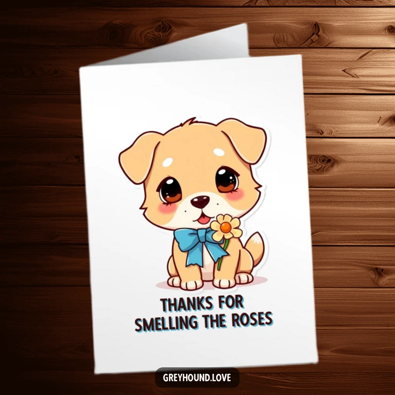 Funny Free Printable Thank You Card: A dog adorned with a neck ribbon, gently sniffing a colorful flower.