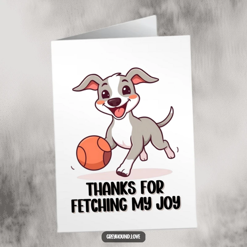 Funny Free Printable Thank You Card: joyful greyhound with a big smile chases after a bouncing ball, sending thanks.