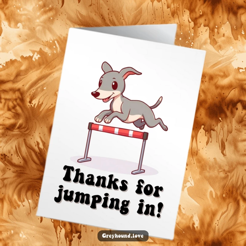 Funny Free Printable Thank You Card: A greyhound character playfully leaps over a small hurdle, expressing thanks.
