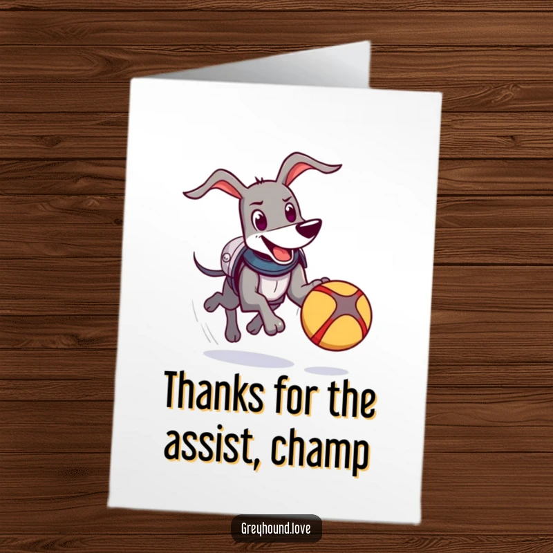 Funny Free Printable Thank You Card: A greyhound in silly armor chases a bouncing ball, conveying thanks.