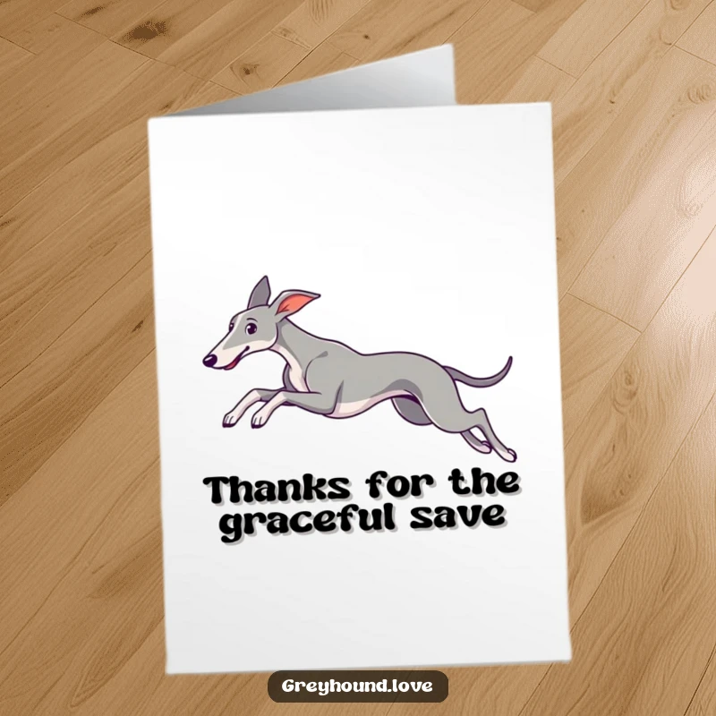 Funny Free Printable Thank You Card depicting a sleek greyhound mid-leap, a graceful and humorous way to express gratitude.