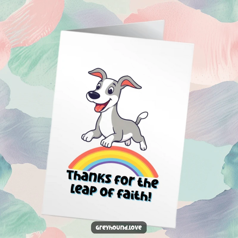 Bright free printable thank you card of a greyhound joyfully leaping over a rainbow, conveying thanks.