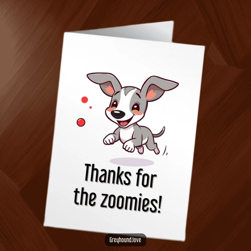 Funny Free Printable Thank You Card: Greyhound comically chasing a elusive red laser dot with all its might.