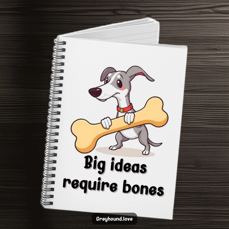 Funny greyhound chasing a giant bone on the cover of a notebook, perfect for jotting down ideas.