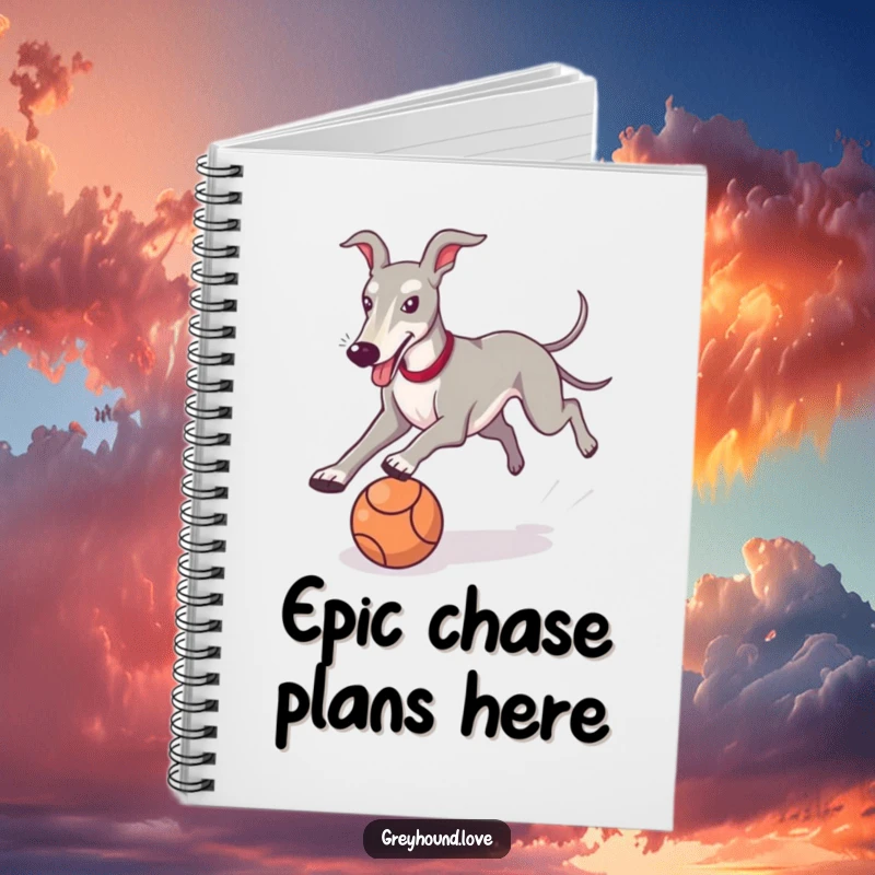 Funny Greyhound Notebook with a playful dog chasing a ball, perfect for jotting down notes with a smile.