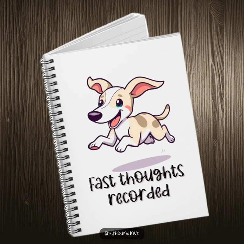 Funny notebook with a swift greyhound dashing, ears flying, and a happy expression, ideal for jotting down fast ideas.